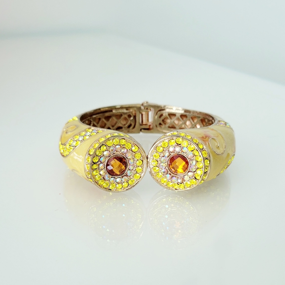Yellow enamel cuff bracelet with crystals